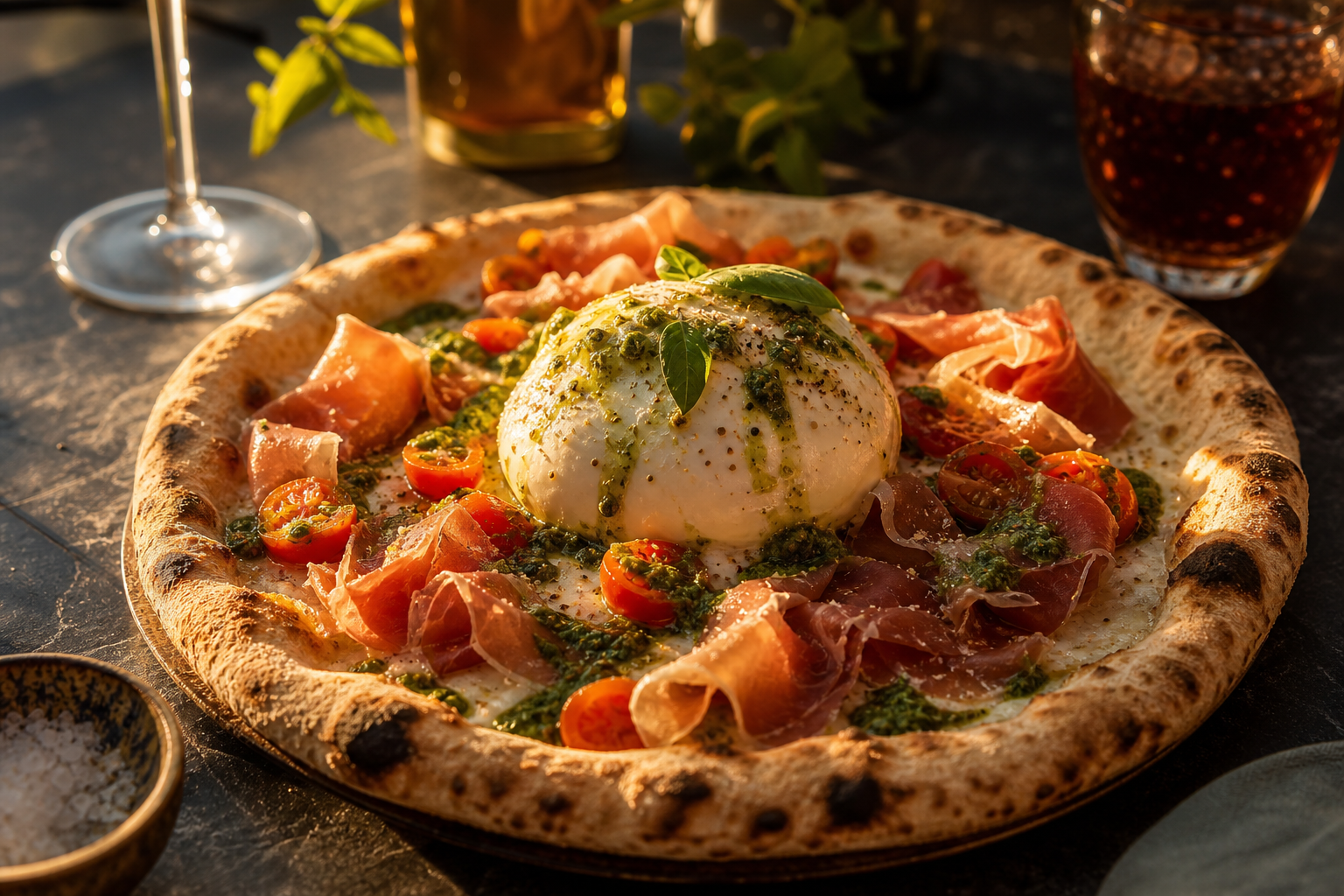 Burrata pizza at Áncorra